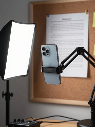 Tight overhead shot of a creator's desk setup — a flagship smartphone mounted on a camera arm, studio LED panel casting hard white light from the left, review script pages pinned to a corkboard just out of focus in the background, coaxial cables and a small audio interface visible at the frame's lower edge