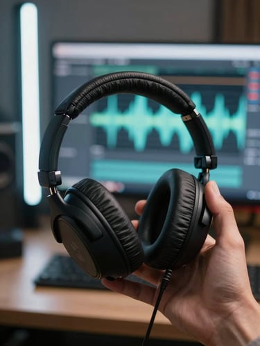 Tight environmental shot inside a creator studio, close-up of a hand holding a pair of over-ear headphones mid-review with a blurred secondary monitor showing waveform audio in the background, cool studio LED lighting from the left, no faces visible, technical and precise framing
