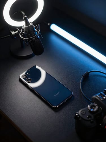 Wide overhead shot of a creator's desk, a flagship Android smartphone face-up at the left third of the frame with a professional microphone arm and ring-light reflection on the screen, studio LED strips casting cool blue-white light across a matte black surface, cables and a compact camera visible at the right edge, no people, no text