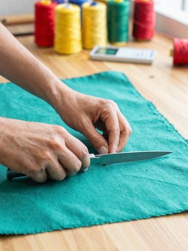 Hands of an artisan carefully cutting vibrant teal fabric on a wooden worktable in a bright, sunlit workshop in Celaya, colorful threads and sewing patterns visible in the soft background