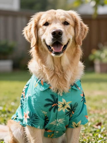 A joyful golden retriever wearing a bright teal tropical shirt, sitting happily in a sunny backyard, soft natural lighting, eye-level portrait, shallow depth of field