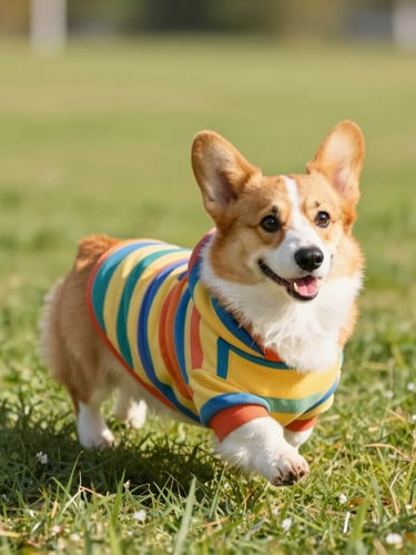 A happy Corgi dog running happily in a bright grassy park, wearing a custom-fit colorful striped hoodie that fits perfectly, warm daylight, 35mm