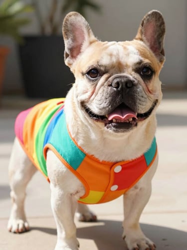 Close-up of a happy, unique-sized French Bulldog wearing a vibrant custom-tailored colorful vest, standing comfortably in a sunny patio, warm natural daylight, shallow depth of field, 35mm