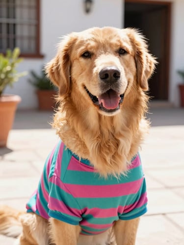 Warm, bright eye-level portrait of a happy golden retriever wearing a colorful handmade teal and magenta striped shirt, sitting in a sunny Mexican patio with soft daylight, 35mm