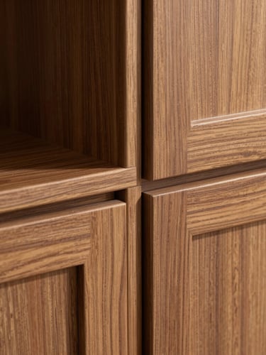 Close-up of a flush-mounted turf seam meeting custom walnut cabinetry, clean lines, sharp shadows, architectural detailing