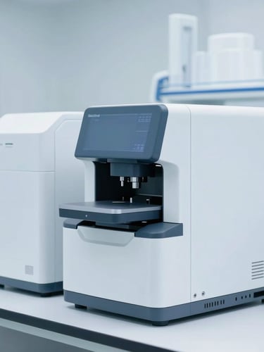 A sterile modern laboratory interior with advanced high-throughput diagnostic analyzers, cool daylight, clean slate and white tones