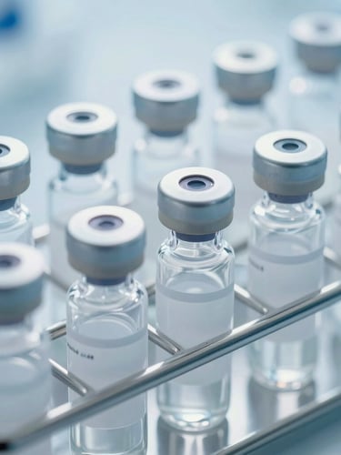 Close-up of sealed diagnostic vials arranged in a sterile metal rack, cool daylight, subtle blue-toned shadows.