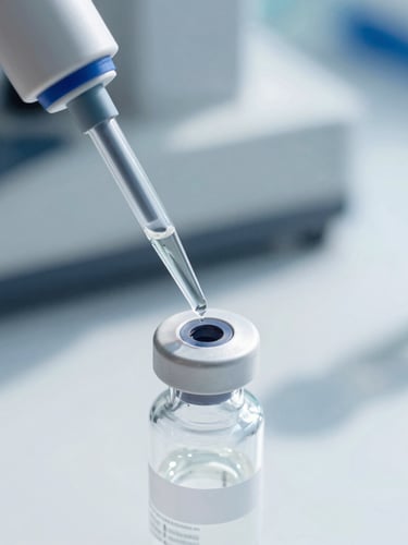 Macro close-up of a high-end laboratory pipette dispensing liquid into a sealed vial, bright cool daylight, sterile blue-toned shadows, sharp focus