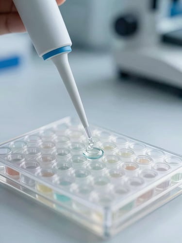 Macro close-up of clinical laboratory pipette dispensing liquid into a multi-well plate, bright cool daylight, sterile blue and slate tones.