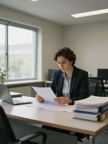 Wide office interior, South African tax practitioner seated at a clean desk reviewing printed documents under soft natural daylight from a window to the left, organised files and a laptop visible, calm professional atmosphere, medium shot from slight angle