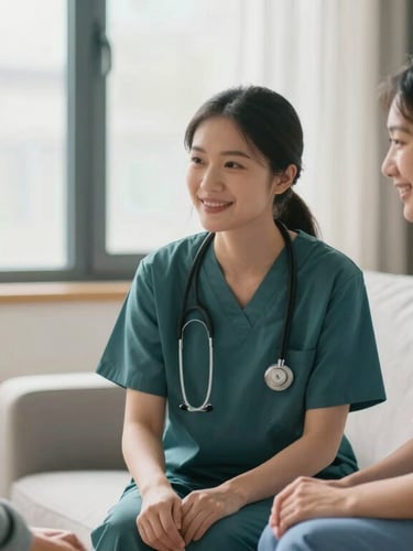 A warm, respectful interaction between a professional care manager and an elderly patient in a comfortable home environment, soft natural window light, muted teal tones.