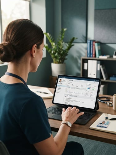 An over-the-shoulder view of a clinical care manager in a modern, soft-lit medical office typing patient notes into a clean EMR interface on a tablet, professional and secure.