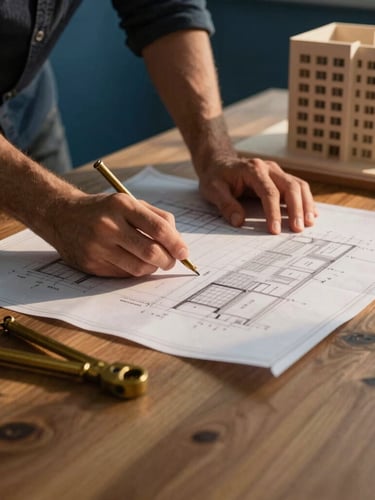 Hands of an architect reviewing blueprints on a solid oak table with brass tools next to a physical building model