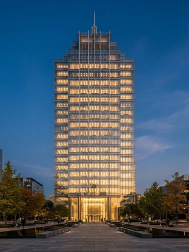 Symmetric architectural elevation of a modern glass and steel office skyscraper at golden hour, warm interior lights glowing, clean lines, medium format