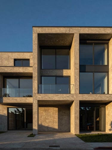 Symmetric, straight-on elevation of a modern concrete and glass villa, late afternoon golden-hour light casting long shadows, deep blue and warm gold undertones, medium format