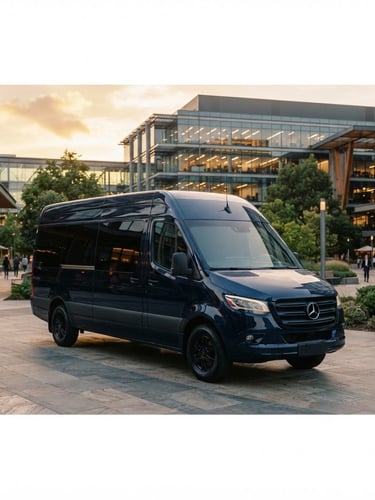 Pristine Mercedes-Benz Sprinter shuttle parked in a modern corporate plaza, soft golden-hour daylight reflecting on the polished dark navy body, wide environmental shot, 35mm