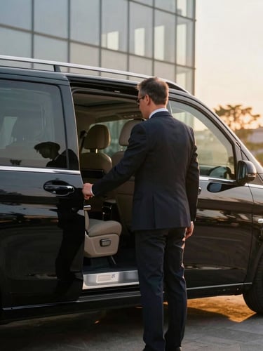 Professional corporate driver in a dark suit opening the door of a polished black luxury Mercedes Vito, modern glass building in the background, warm sunset light, sharp focus
