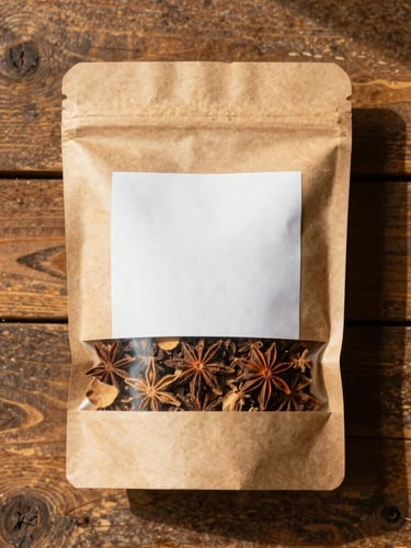 Overhead flat-lay of dried spice product in a simple kraft paper bag on a worn wooden surface, golden hour window light from the side casting soft shadows, label and grain texture clearly visible, no hands, no people