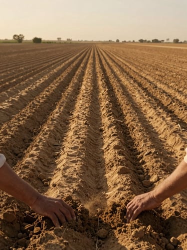 Wide environmental shot of a cultivated field in Egyptian countryside at golden hour, crop rows stretching toward low horizon, warm amber light across the soil, two hands visible in the lower third turning the earth, no people visible above the waist