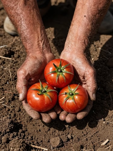 Close-up overhead of a farmer's weathered hands cupping freshly harvested tomatoes on dark Egyptian soil, natural north-facing daylight, soil texture and produce detail sharp, no studio light
