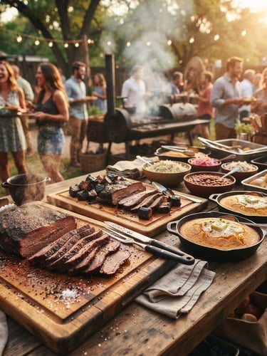 Wide panoramic shot of a rustic outdoor barbecue buffet under warm late-afternoon sun, glistening sliced brisket on wooden boards, cast-iron pans of cornbread, shallow depth of field
