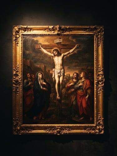 Straight-on fine-art photography of a large gold-gilded Christian canvas hanging on a dark charcoal gallery wall, dramatic spotlighting, warm chiaroscuro casting deep shadows