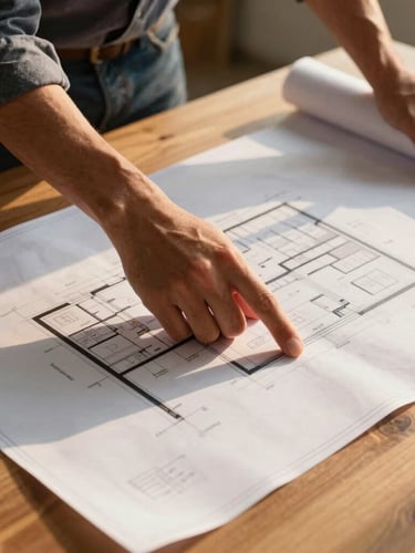 Close-up shot of a bilingual construction manager pointing to architectural blueprints on a clean wooden table, golden-hour light highlighting the paper texture