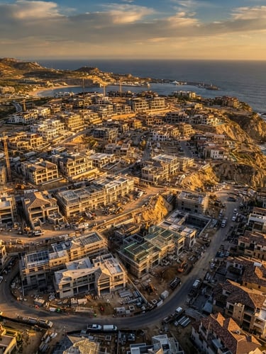 Dramatic aerial drone shot of a massive luxury residential development under construction, golden hour sunlight, high contrast