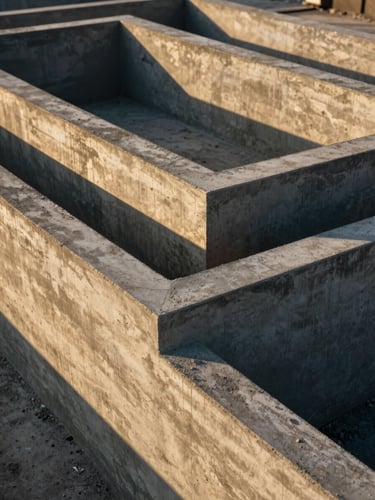 Dramatic close-up of a clean, freshly poured architectural concrete foundation with sharp edges under bright morning sunlight, emphasizing structural strength and high-end texture.
