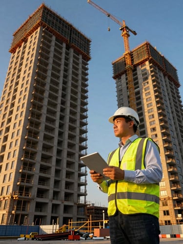Wide-angle environmental portrait of a professional bilingual construction manager in a safety vest holding a tablet on an active, clean high-rise job site during golden hour.