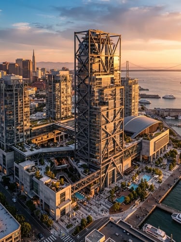 Dramatic aerial drone shot of a massive luxury commercial development under clear golden-hour sunlight, showing crisp architectural concrete lines and structural steel framing.