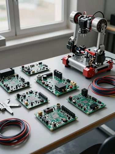 Wide overhead shot of a robotics workbench — circuit boards, calipers, a half-assembled motor driver, wire harness coiled neatly to one side, lit by diffused studio window light that reveals component markings and solder joints with documentary clarity