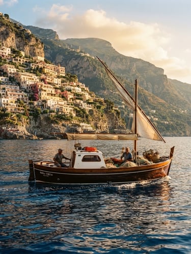 Wide environmental shot of a classic wooden gozzo boat sailing near the dramatic cliffs of Positano, warm golden hour Mediterranean sunlight reflecting off the deep blue water
