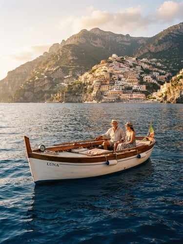 Warm editorial photography of a classic wooden gozzo boat floating on deep blue water near Positano cliffs, warm golden hour sunlight, medium shot