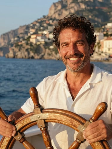 Close-up portrait of an authentic Italian skipper smiling at the helm of a wooden boat, sun-drenched Amalfi coast cliffs blurred in the background, warm editorial lighting.