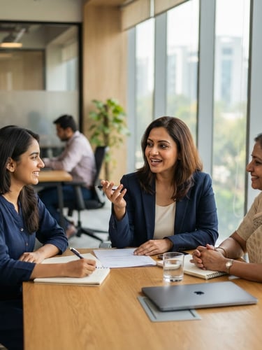 Professional Indian advisors in a bright, modern Gurugram office, engaged in a candid discussion, shallow depth of field, natural window light.