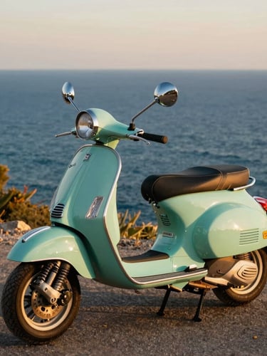 A pristine vintage mint-green Vespa scooter parked on a scenic coastal cliff overlooking the deep blue Mediterranean Sea in Nice, warm golden hour light, editorial photography, 35mm style