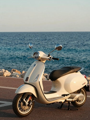 A pristine cream-colored Vespa-style scooter parked on the Promenade des Anglais in Nice, overlooking the deep blue Mediterranean sea at golden hour, warm editorial photography, 35mm