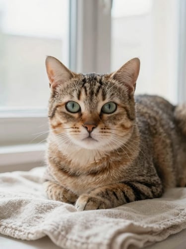 Eye-level portrait of a calm domestic cat resting on a neutral linen blanket near a sunlit window, warm clinical tones, shallow depth of field, 35mm.