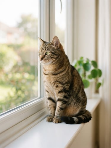 A calm, healthy tabby cat sitting peacefully by a sunlit window, soft warm natural light, clinical clean home environment, shallow depth of field, 35mm
