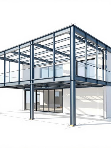 Crisp architectural elevation drawing of a modern house, showing structural steel frame details, clean white background, high contrast, technical drafting style.