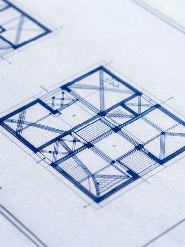 Close-up of clean technical structural drawings and architectural plans on a desk, steel blue tones, sharp geometric lines, high-contrast