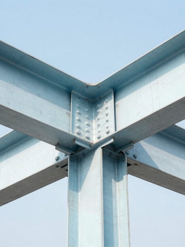 Close-up of a structural steel beam connection, detailed technical blueprint lines overlaid, crisp daylight, high-contrast architectural photography, 35mm