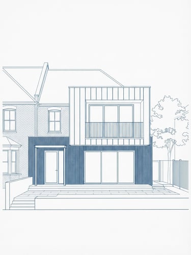 Sharp architectural elevation drawing of a modern residential extension, clean steel blue lines on a white background, technical blueprint style, high-contrast, 35mm