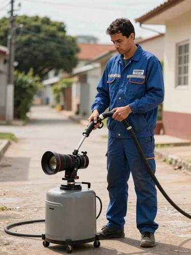 Foto em plano médio de um técnico especializado uniformizado da Desentupidora Campo Limpo operando equipamento de hidrojateamento de alta pressão em uma calçada residencial durante o dia, iluminação natural e nítida.