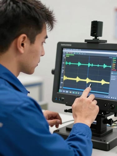 Close-up of a professional technician in a blue uniform operating a digital geophone screen, looking at signal waves, bright daylight, focused technical work.