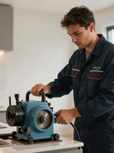 Close-up of a professional technician in a clean dark blue uniform operating a mechanical rotary drain cleaning machine inside a modern Brazilian home, focused lighting on the equipment.