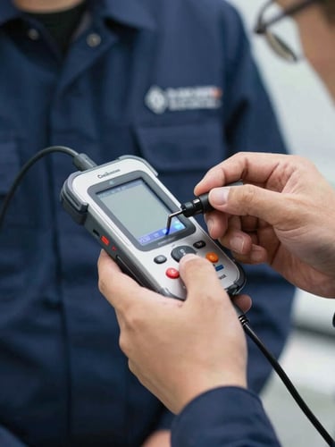 Close-up of a professional technician in a clean dark blue uniform holding a modern ultrasonic geophone diagnostic device, bright daylight, focused on hands and screen.