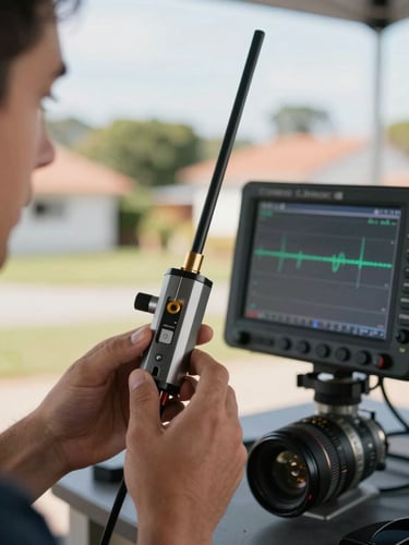 Close-up of a professional technician's hands holding a modern geophone device, looking at a digital screen showing signal waves, bright daylight, Campo Limpo neighborhood background.