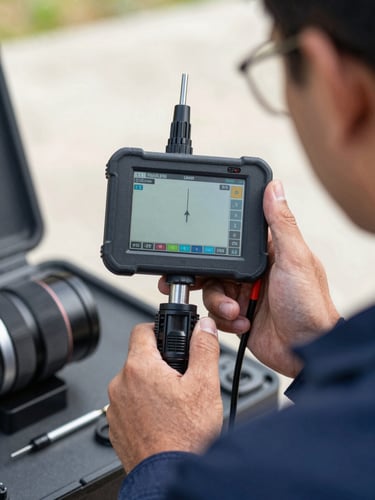 Close-up of a professional technician in a clean navy blue uniform holding a digital geophone leak detector screen, bright natural daylight, sharp focus on the high-tech diagnostic interface, professional utility setting.